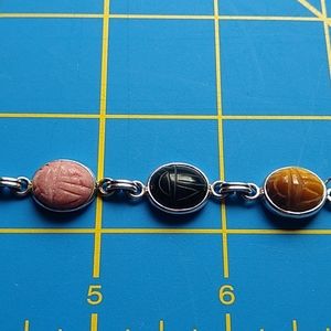 Sterling silver scarab bracelet, 7", semi-precious